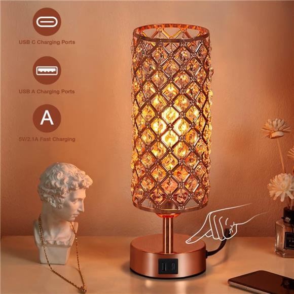 Crystal Table Lamp, Rose Gold Lamp with USB C+A Ports, 3 Way Dimmable Light - Picture 5 of 6